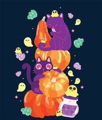 pumpkins, surrounded by cute yellow ghosts, colorful leaves, and sparkling stars. A jar of purple potion adds a whimsical touch to this Halloween scene.