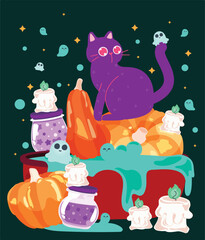 A whimsical Halloween scene with a purple cat sitting on pumpkins surrounded by glowing candles, jars of potions, and playful little ghosts floating around in a dark, starry sky.