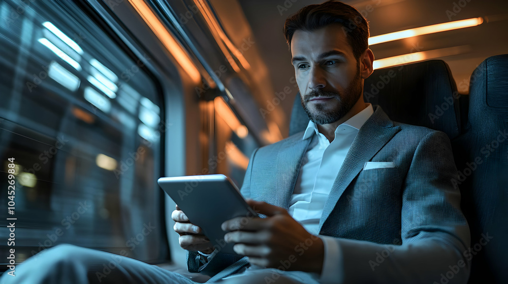 Poster 3d businessman checking financial reports on train | candid image of focused man with tablet | natur