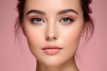 Close-up portrait of a beautiful brunette woman with radiant, flawless skin. Natural beauty, isolated on a pink background.