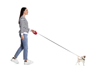 Happy woman walking her dog on white background