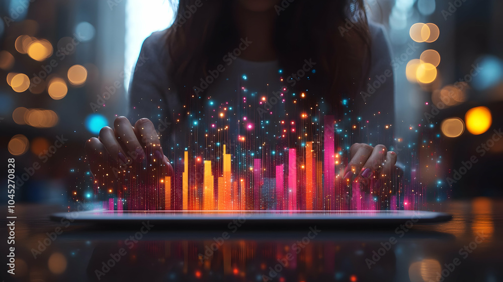 Aufkleber 3d businesswoman analyzing graphs on tablet abstract background digital artwork data analysis modern