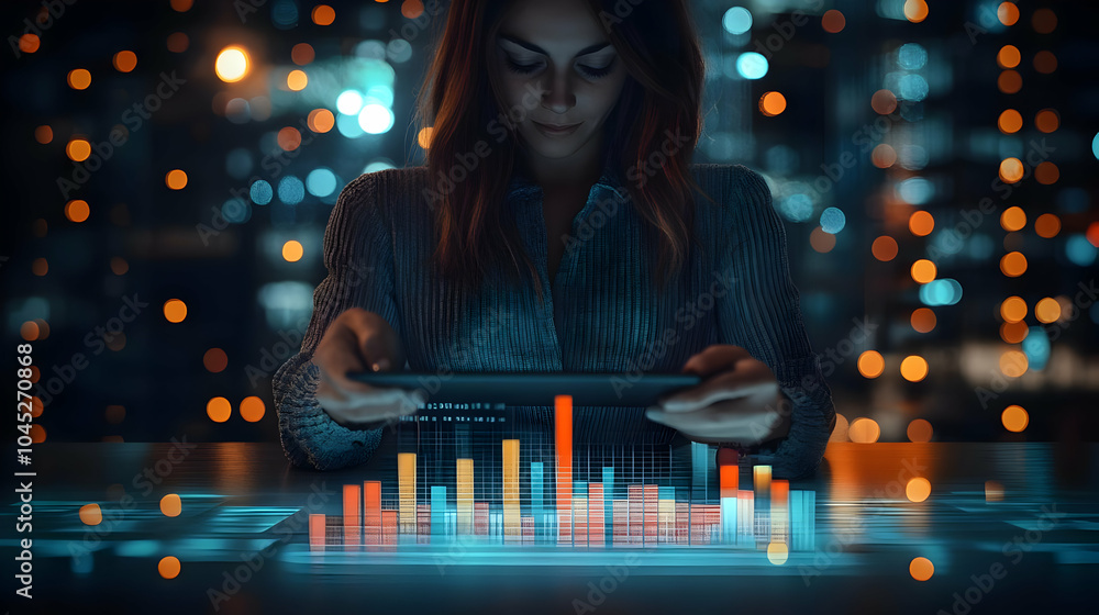 Poster 3d businesswoman analyzing graphs tablet abstract background digital artwork data analysis modern bu