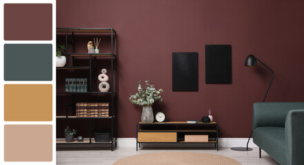 Living room with stylish furniture near brown wall. Interior design and matching color palette