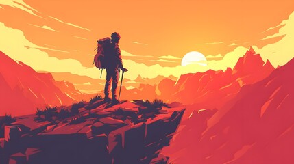 Fototapeta premium A black silhouette traveler standing on a cliff overlooking a vast mountain range, with a sunset backdrop in 2D vector style