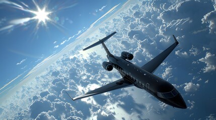 Obraz premium Black Luxury Private Jet Soaring in Clear Blue Sky