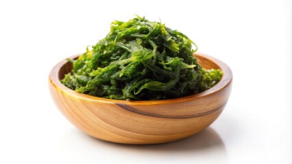 Fresh hijiki seaweed in wooden bowl isolated on white background