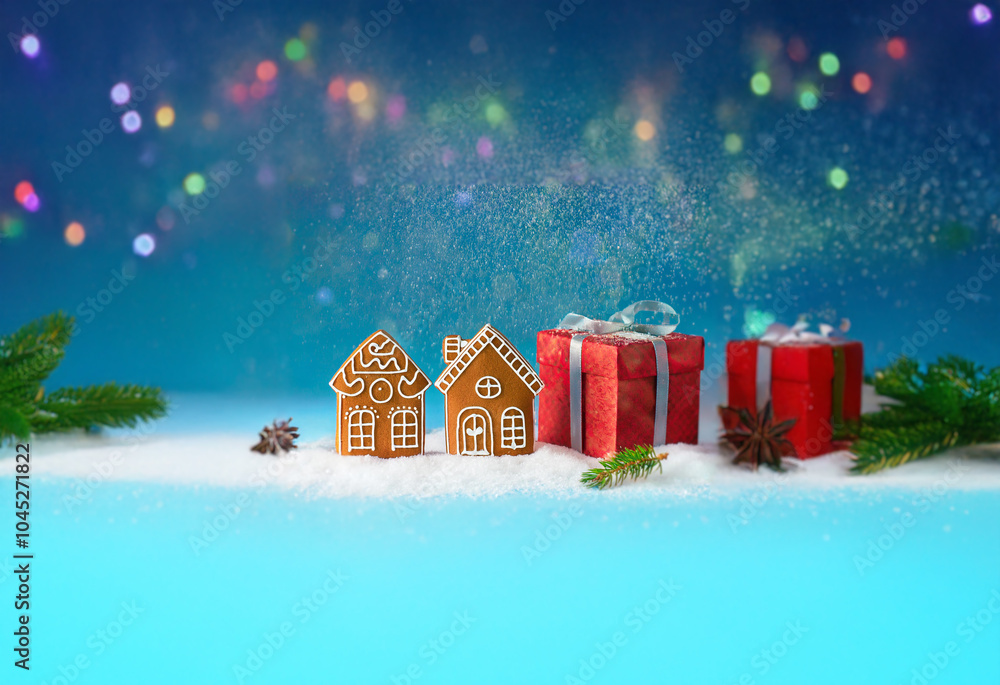 Aufkleber Two gingerbread houses and two wrapped gifts rest on a snowy surface with a blue backdrop and out-of-focus lights.