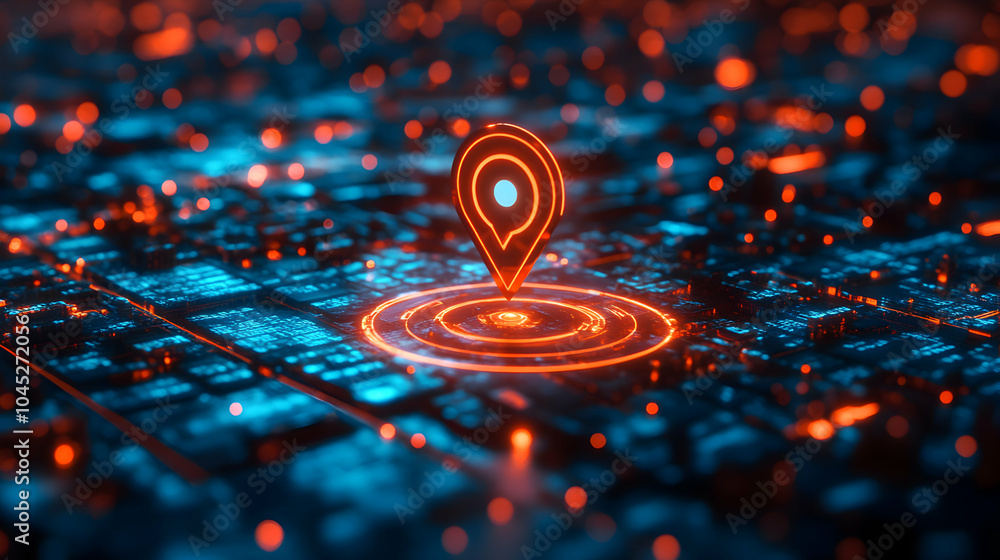 Poster digital map with pinpoint symbolizing innovation and progress in technology