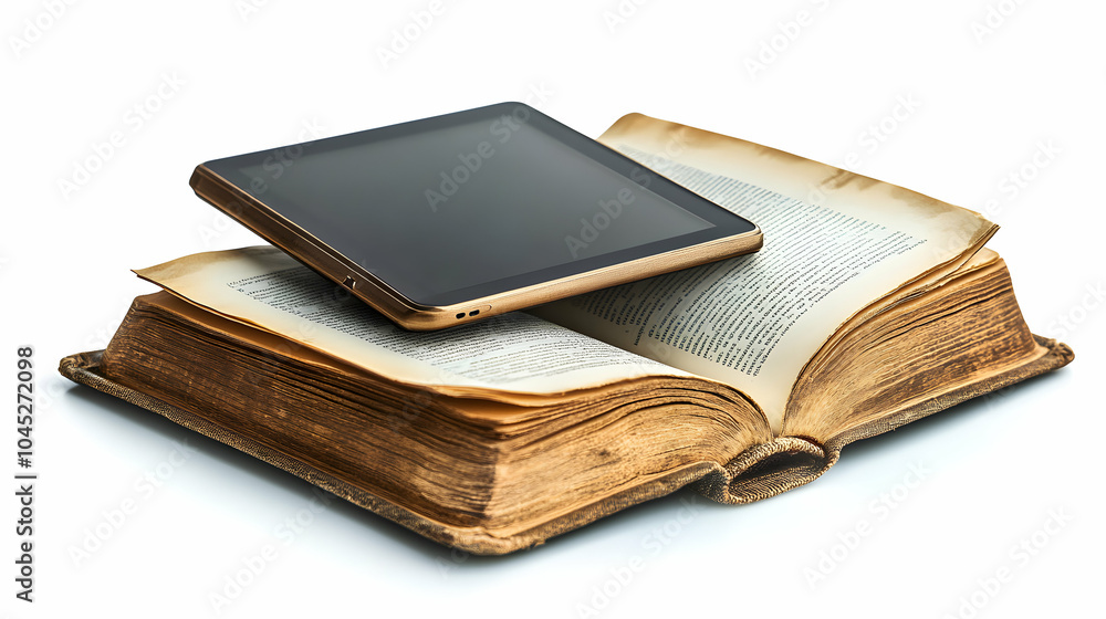 Poster digital tablet and open book side by side on a wooden table, symbolizing modern learning and technol