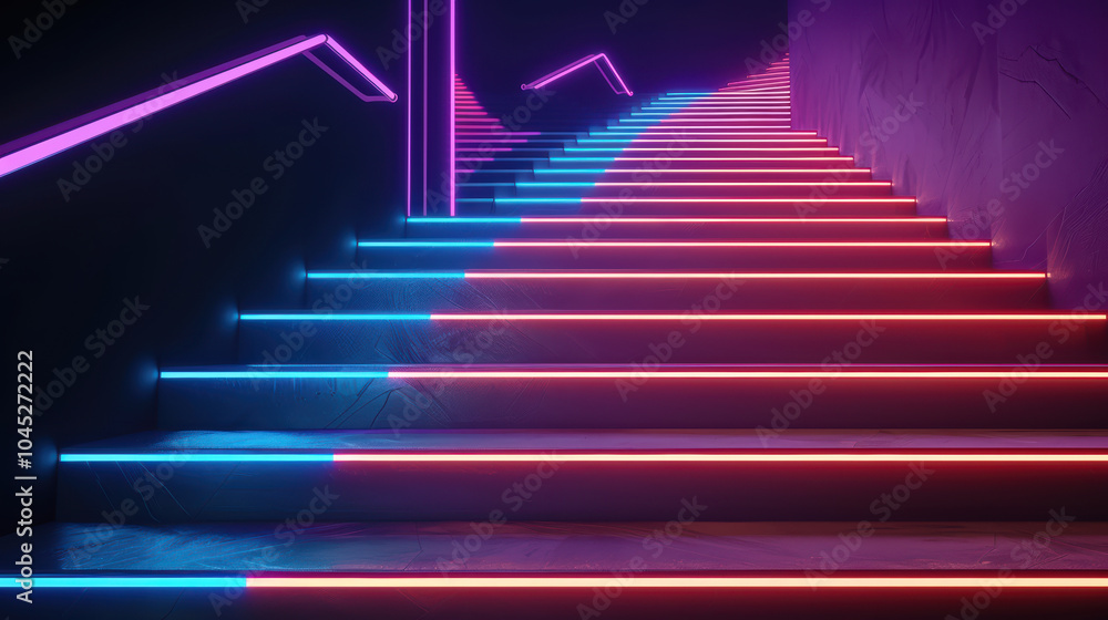 Poster bright neon lines illuminate abstract staircase, creating vibrant and dynamic atmosphere. colorful l