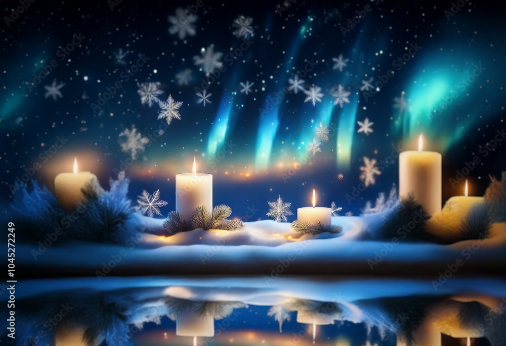 Poster Four lit candles stand in the snow with a reflection in the water below, surrounded by pine branches and snowflakes with the aurora borealis overhead.