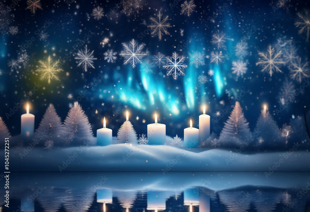 Wall mural A row of lit candles sit on a snowy landscape with a glowing aurora borealis in the background. Snowflakes are falling softly in the scene.