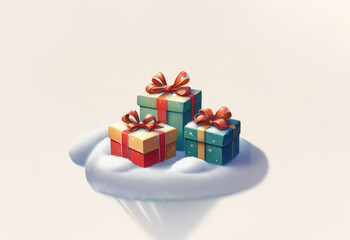 Three wrapped gifts with red bows sit atop a fluffy, white cloud.