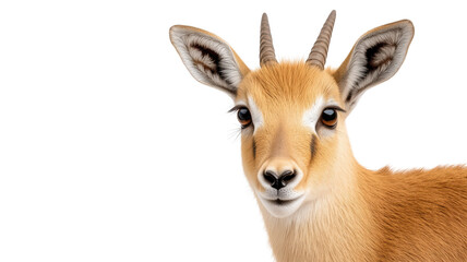 Close-up of a young gazelle with curious expression, isolated on transparent background.