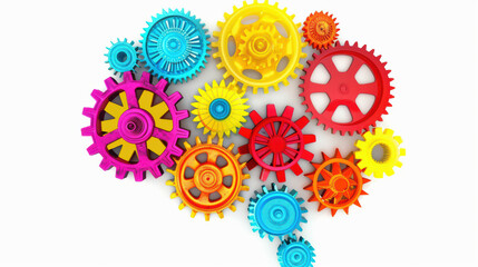 Brightly colored gears interlocking to form human brain shape, symbolizing creativity and innovation. This vibrant arrangement showcases connection between mechanics and thought processes