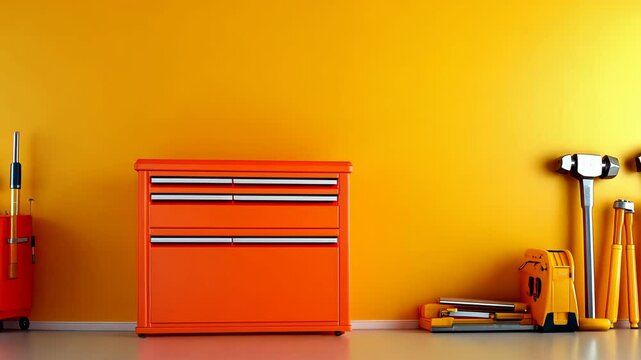 An orange toolbox stands in front of a yellow wall, surrounded by tools and equipment