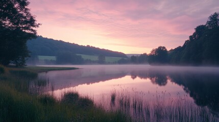 Fototapeta premium Peaceful Lake at Sunrise, Beautiful Colors Reflecting on Water, Surrounded by Lush Green Trees and Gentle Mist