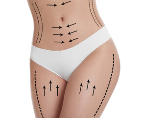 Woman with perfect slim body on white background, closeup. Figure correction arrows and lines on...