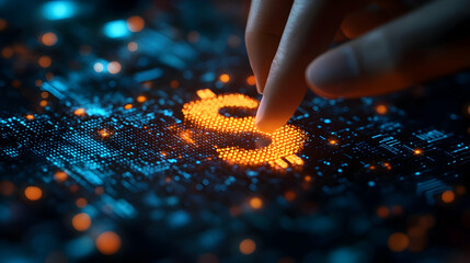 3D Close Up Businessman Hand Tapping Glowing Currency Symbol Holographic Device Macro Financial Technology Advertising Abstract Background Bokeh Copy Space