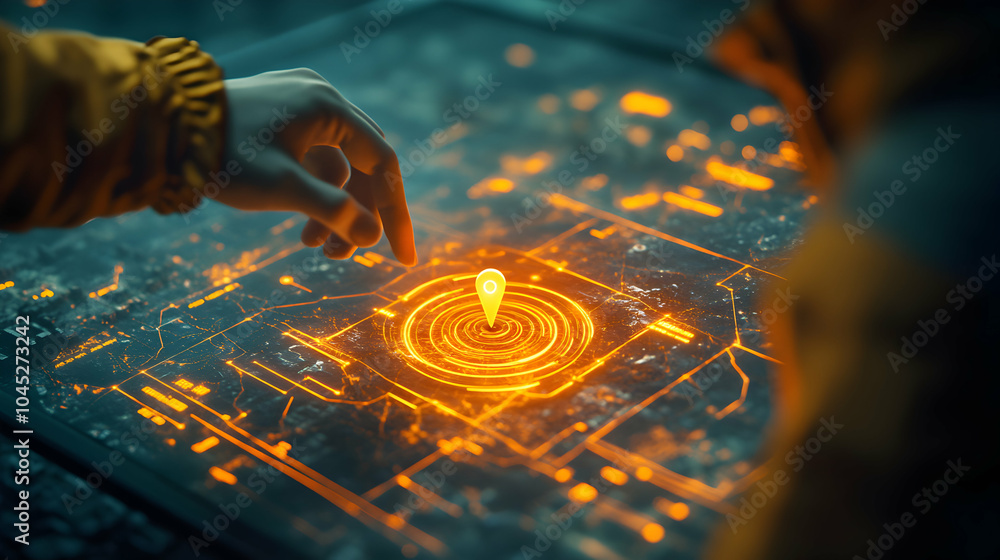 Aufkleber futuristic map display featuring ai technology with location pin in a digital landscape