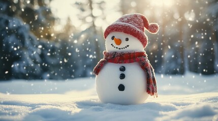 Fototapeta premium Snowman with a hat and scarf in a snowy woodland clearing, snowflakes falling gently around, creating a festive scene.