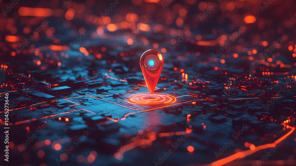 Poster futuristic map illustration featuring ai-powered navigation with a single pin symbol
