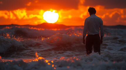Obraz premium Troubled man in formal attire standing knee deep in the surf pondering whether to return or not with a burning sunset backdrop