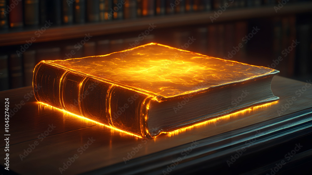 Poster a glowing book on a library shelf symbolizing the pursuit of knowledge in a cozy reading environment