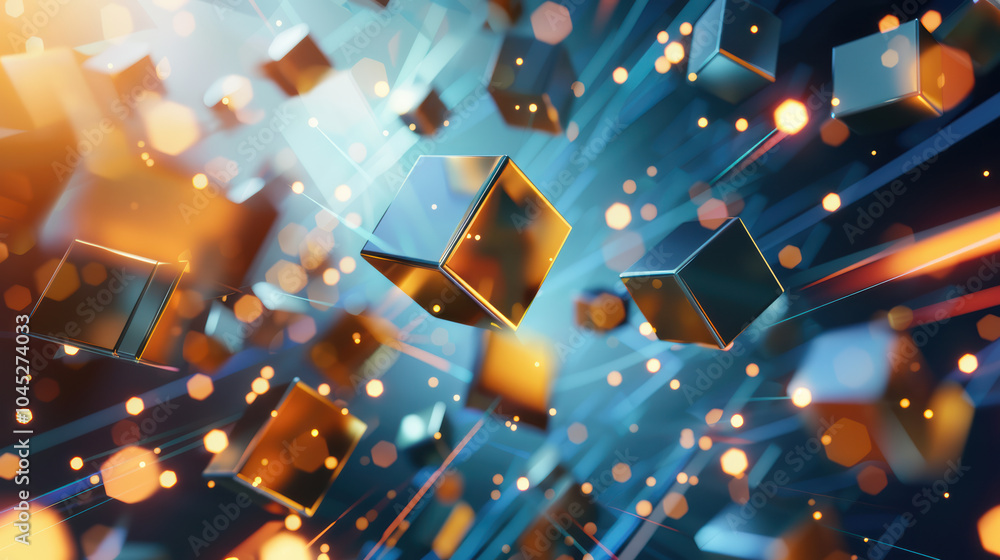 Poster floating cubes and glowing particles create dynamic visual representation of data and technology. vi