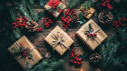 Holiday Gifts on Rustic Wooden Table