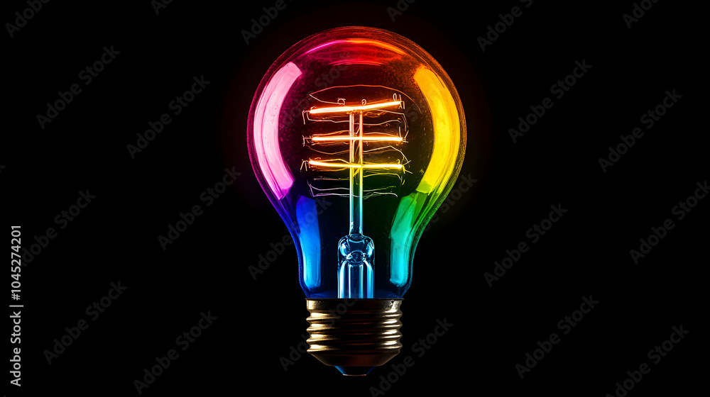 Poster glowing rainbow lightbulb in minimalist setting with soft ambient lighting