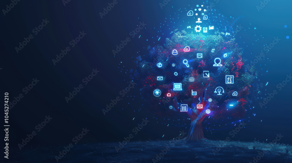 Poster glowing abstract tree made of digital icons representing technology and connectivity, symbolizing gr