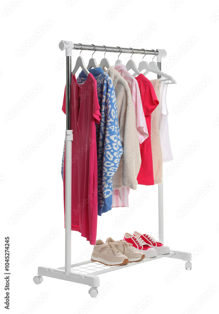 Canvas Prints Rack with different clothes and shoes isolated on white