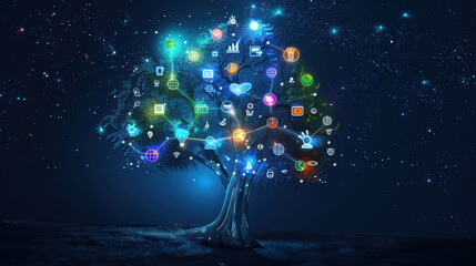 glowing abstract tree made of digital icons represents connectivity and innovation in vibrant night sky. This artistic depiction symbolizes growth and fusion of nature with technology