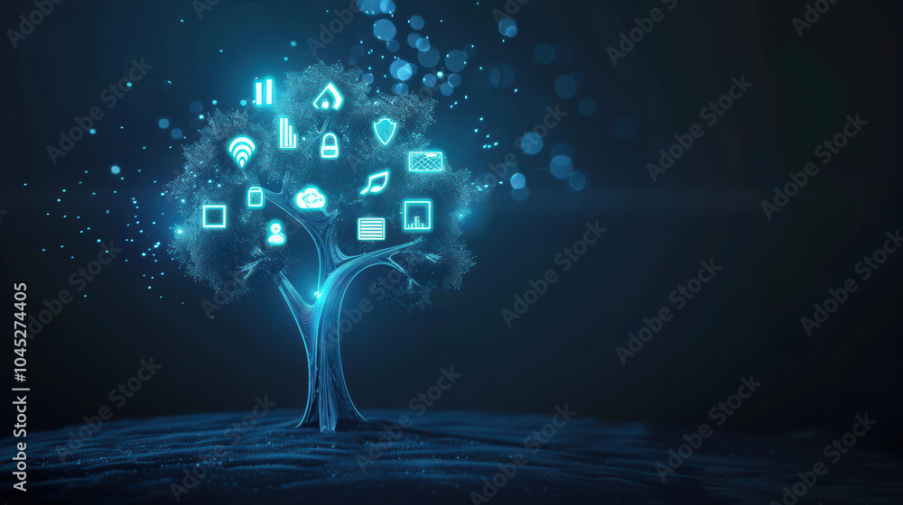 Poster glowing abstract tree made of digital icons represents connectivity and technology. this visually st