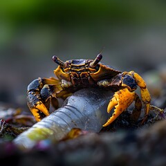 Crab perched on plastic bottle.