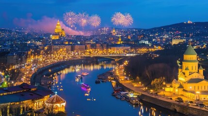 Fototapeta premium Nightscape of Tbilisi with Fireworks Display