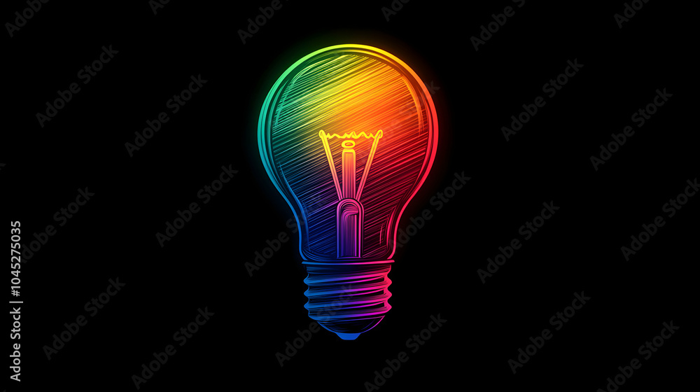 Poster glowing rainbow lightbulb in minimalist design setting with soft lighting