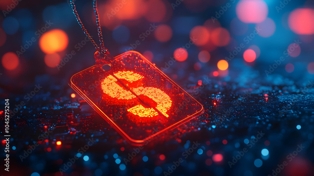 Poster 3d close up holographic discount tag glowing currency symbol macro image abstract bokeh background f