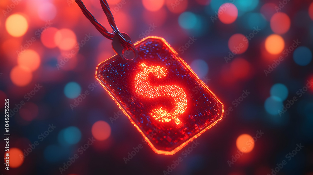Poster 3d close up holographic discount tag glowing currency symbol macro image abstract bokeh background f