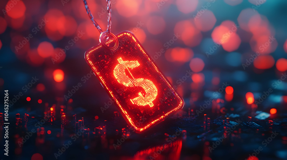 Poster 3d close up holographic discount tag glowing currency symbol macro image soft abstract background bo