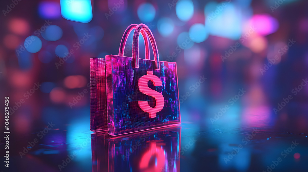Poster 3d close up holographic shopping bag glowing currency symbols macro image soft abstract background b