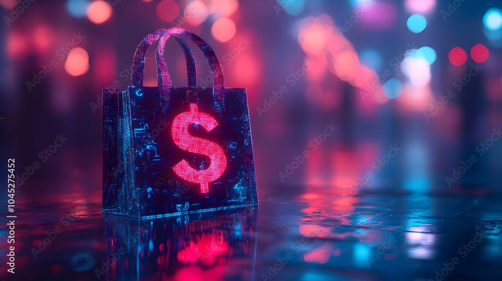 Poster 3d close up holographic shopping bag glowing currency symbols macro image abstract background bokeh 