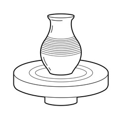 Potter's wheel and jug. Outline illustration, isolated on white background, design elements