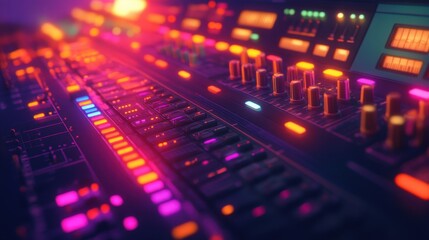 Obraz premium Vibrant studio scene featuring a colorful audio mixing board, buttons and sliders glowing with studio lights.