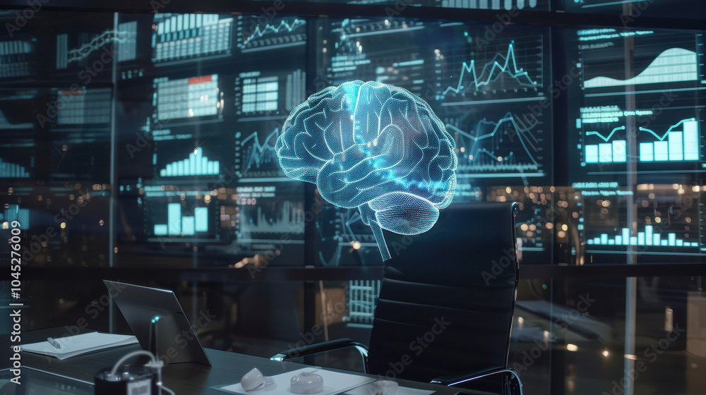 Poster holographic brain floats above desk in modern office, surrounded by digital data displays and graphs