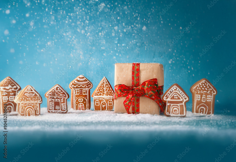 Aufkleber A row of gingerbread houses sits on a snowy surface with a large gift box in the center. The scene is set against a light blue background with falling snow.