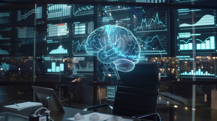 Obraz premium holographic brain floats above desk in modern office, surrounded by digital data displays and graphs, symbolizing advanced technology and innovation