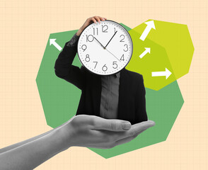 Time management. Businesswoman with clock head on color background, creative collage
